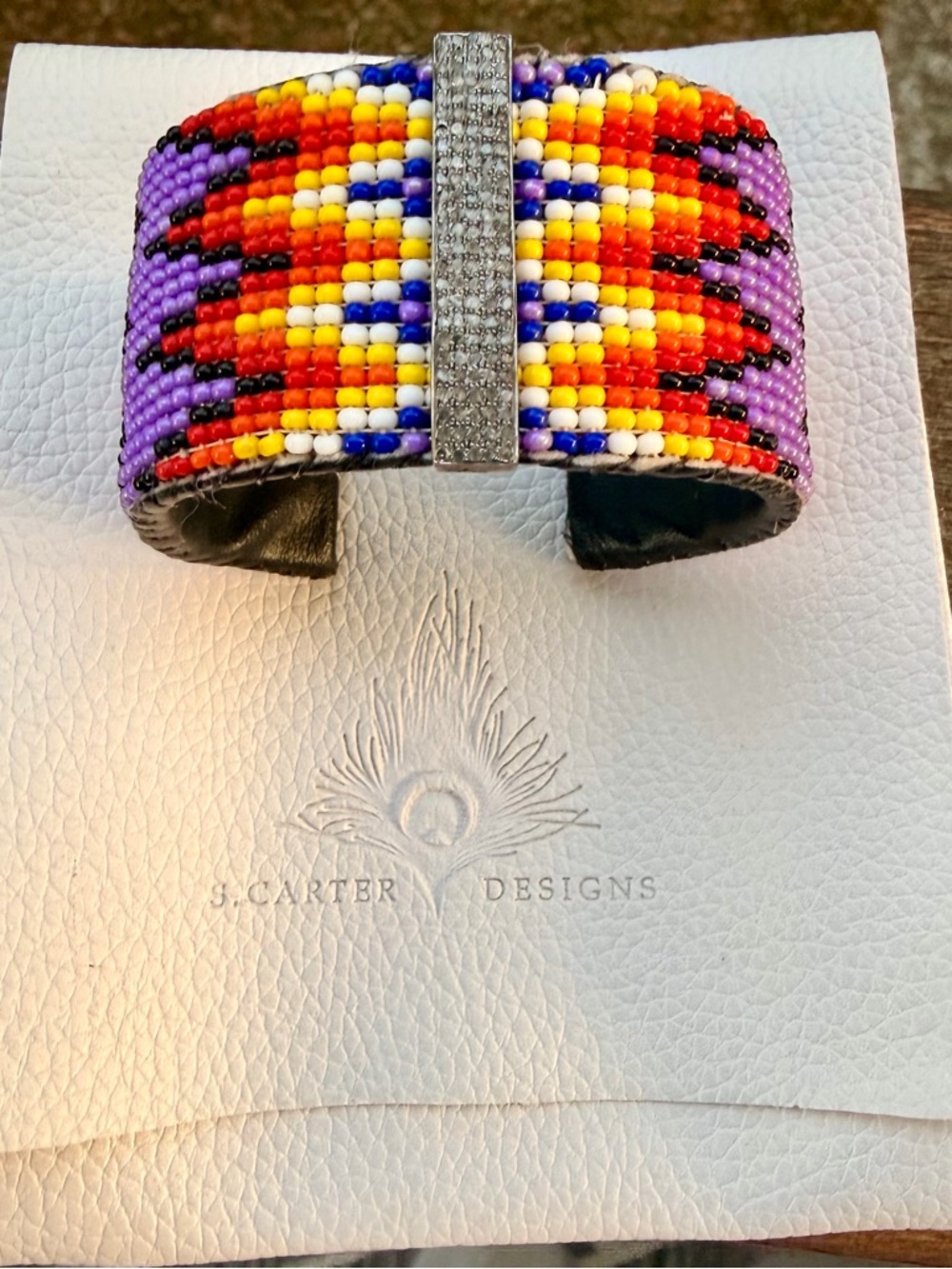 S. Carter Designs African Beaded Cuff Bracelet with Pavé Diamond Bar. Adjustable